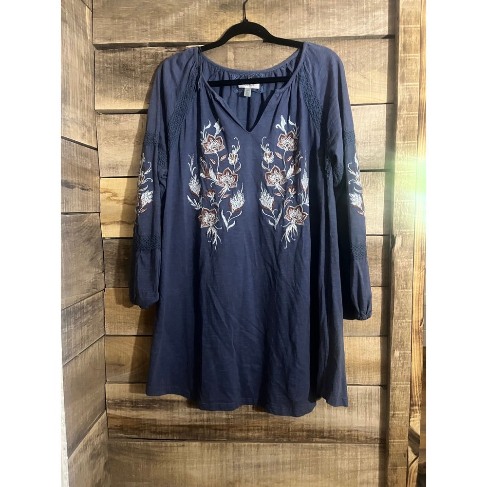 Cupio Navy Blue Boho Embroidered Tunic Top V-Neck Crochet Lace Trim L/G